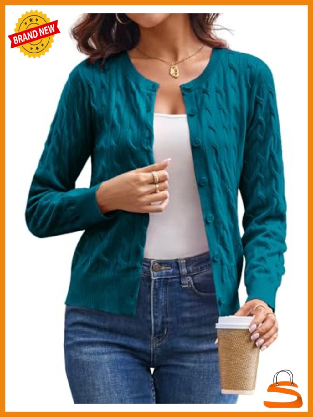 Cable Knit Cardigan Sweater Button Up Crew Neck Cropped Lightweight Layer
